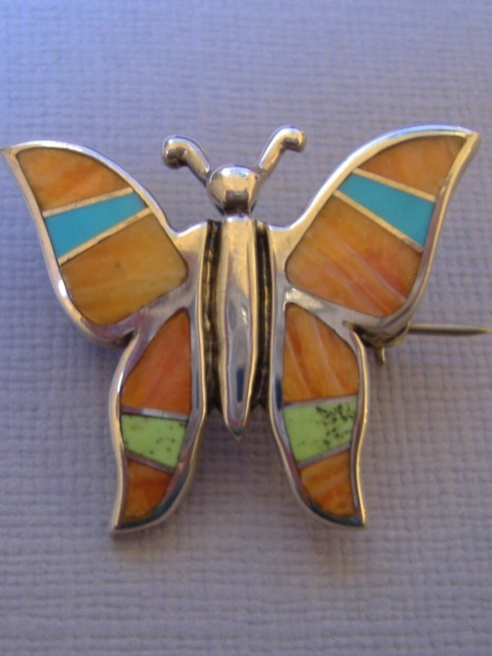 Sunrise Inlay Butterfly Pin Brooch Orange Spiney Turquoise Sterling Silver New